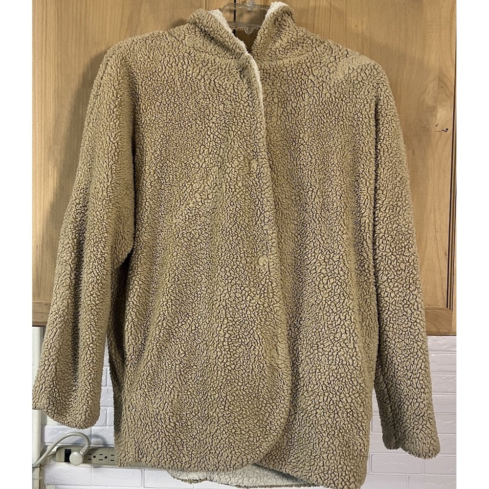 Workshop Sherpa Jacket Womens Large Tan Hooded Fleece Snap Front
